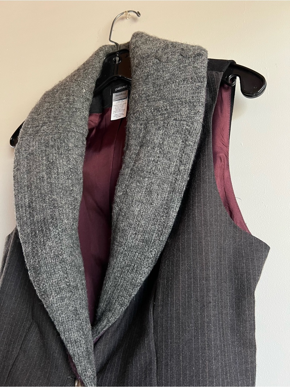 Preloved Handcut Wool Blend Vest Size 8 Gray Knit Collar Tie Back Canada - Picture 3 of 9